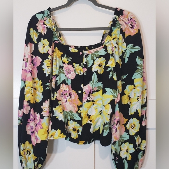 Who What Wear Garden Floral Bardot Top Cropped Linen Blend Size Medium - Picture 2 of 15